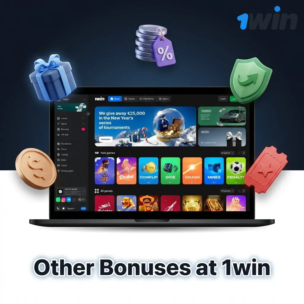 1win promotional offers including cashback, free bets, express boost, and reload bonuses for betting customers