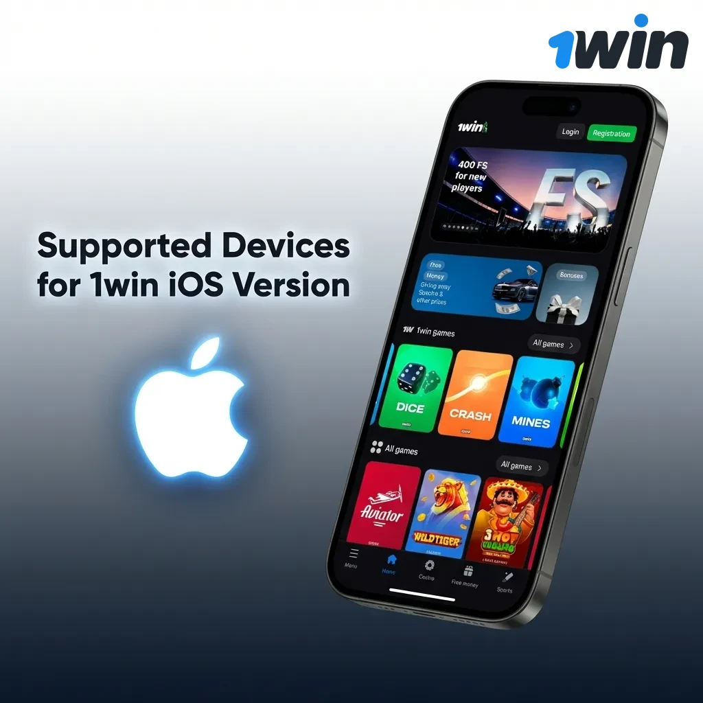 1win iOS app compatible devices list showing iPhone and iPad models from iPhone XS to iPhone 14 Pro Max